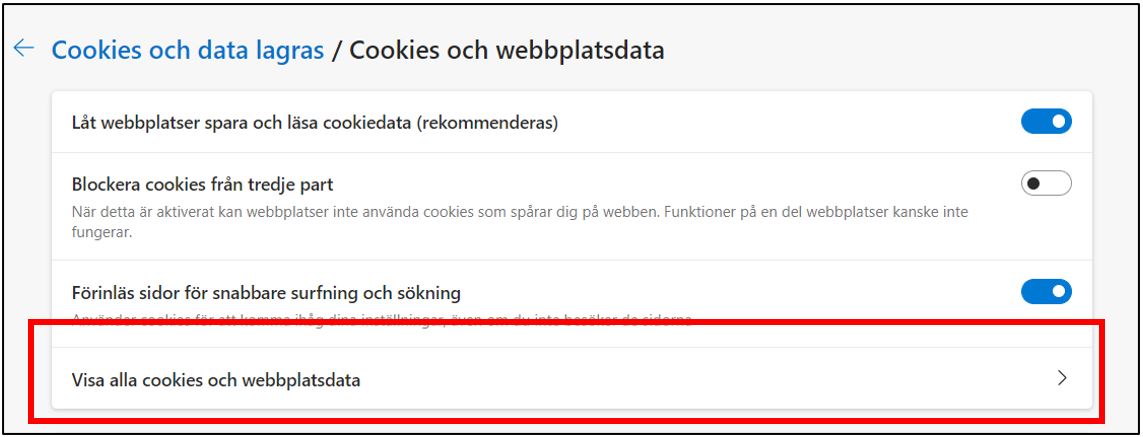 Visa alla cookies och webbplatsdata